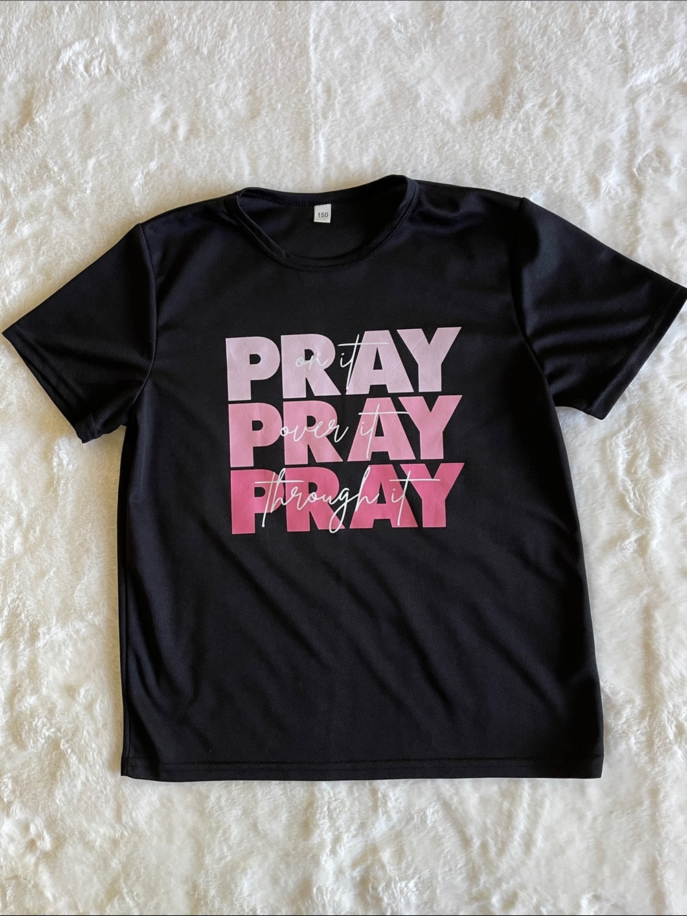 Kids Black Tee with Pink Ombre 'PRAY' Graphic SZ 150 - Picture 1 of 4